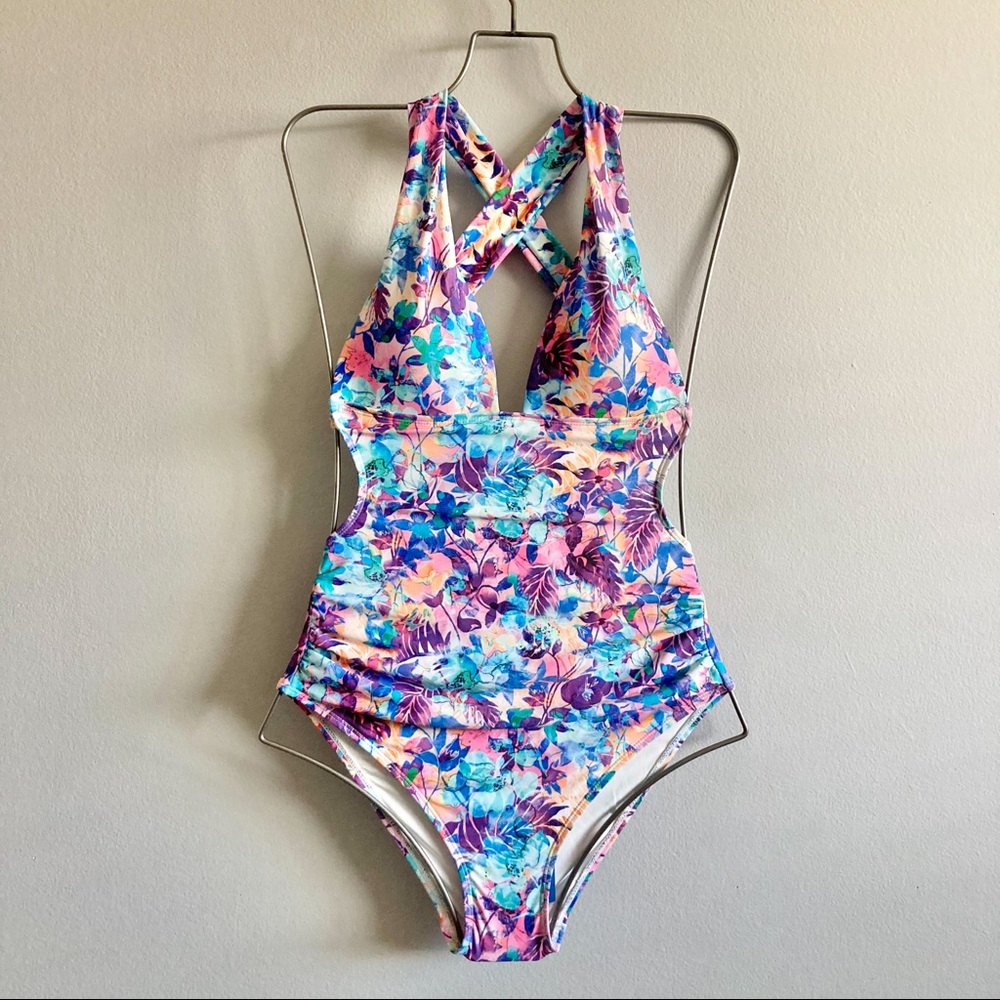 Lisa Blue One Piece Swimsuit Tropical Print